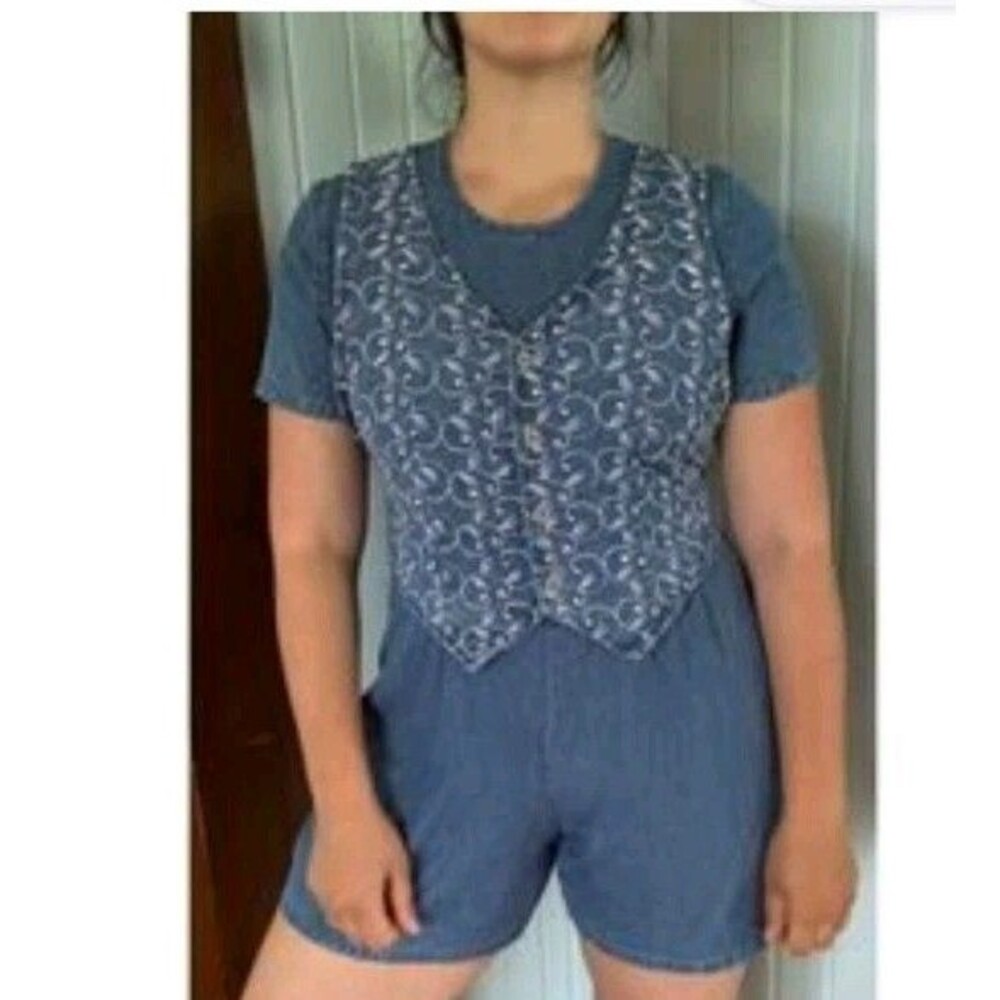 ALEXANDRA LEE Women's Romper Shortall Size 12 Embroidered Blue Denim 100% Cotton